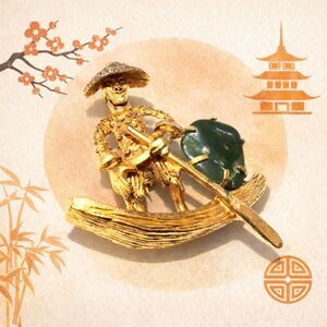 Vintage BSK “Chinese Man Junk Boat” Gold-Tone Brooch